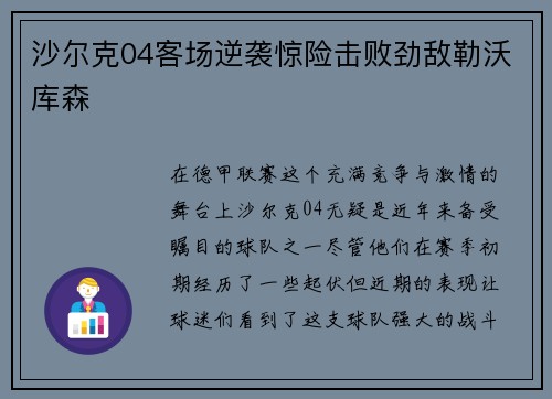 沙尔克04客场逆袭惊险击败劲敌勒沃库森