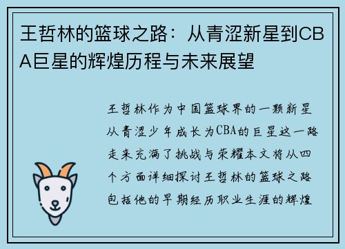 王哲林的篮球之路：从青涩新星到CBA巨星的辉煌历程与未来展望